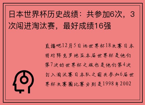 日本世界杯历史战绩：共参加6次，3次闯进淘汰赛，最好成绩16强